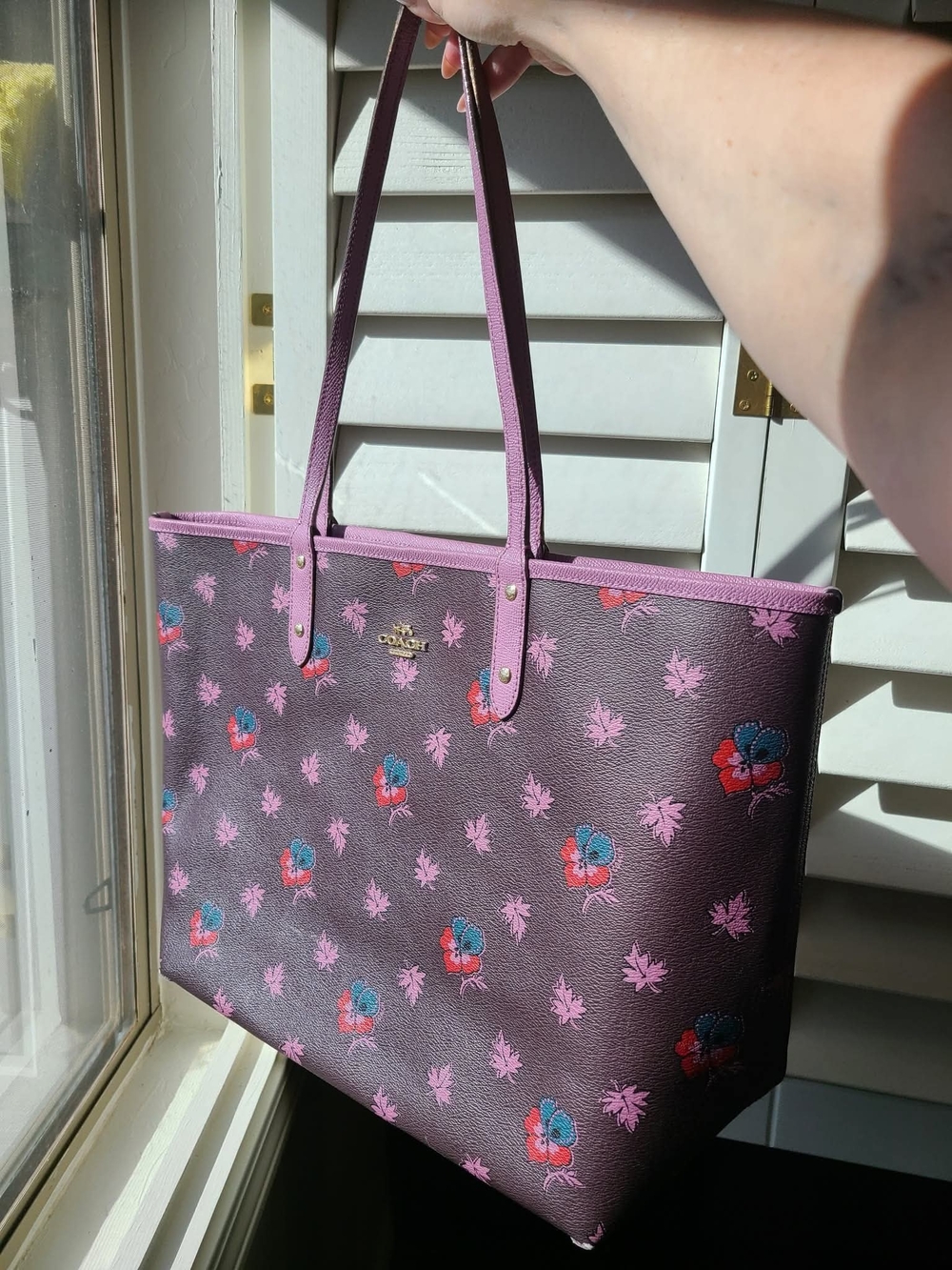 Coach Reversible City Tote Plum Floral Print Leather Tote with Lilac Accents